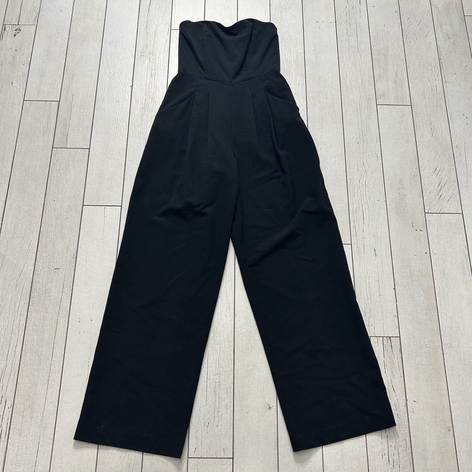 BLACK HALO WOMEN’S STRAPLESS BLACK IRIS JUMPSUIT ZIP BACK POCKETS *READ