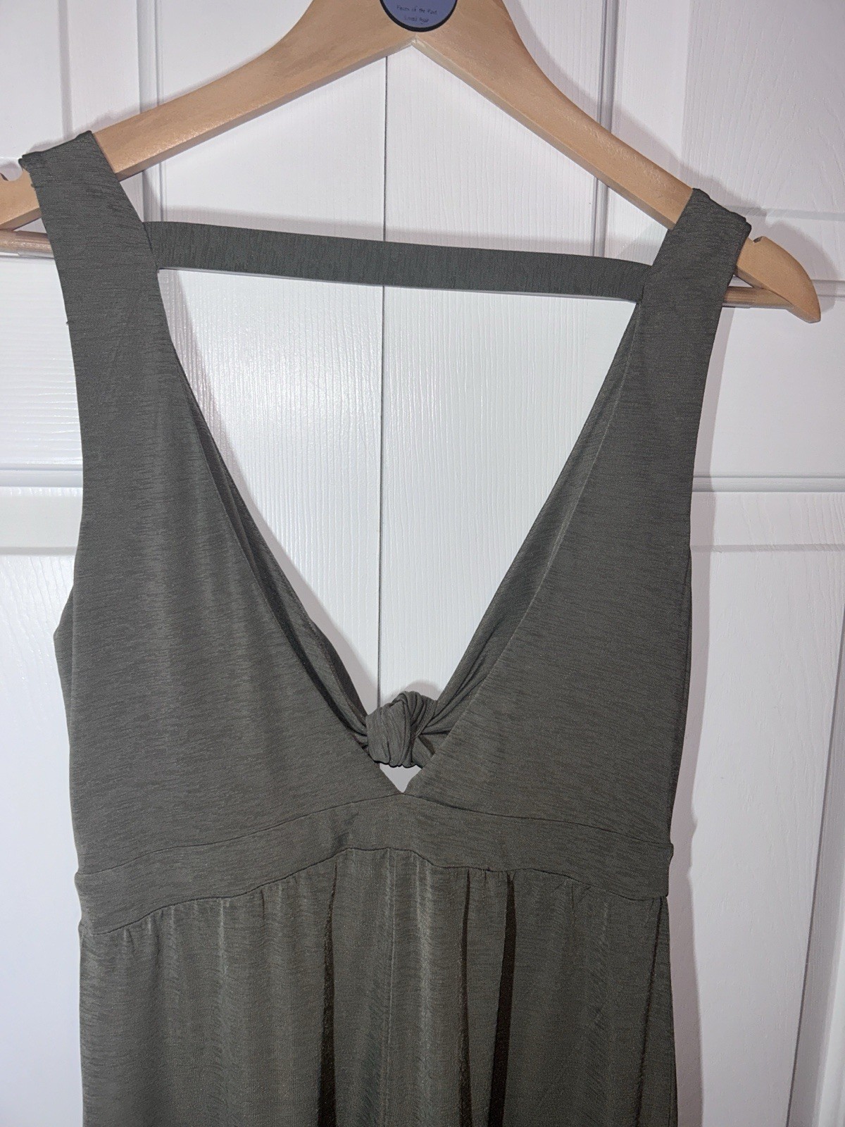 Daytrip Jumpsuit Romper Sz XS Green Gray Stretch Raw Hems Tie Knot V-Neck Empire