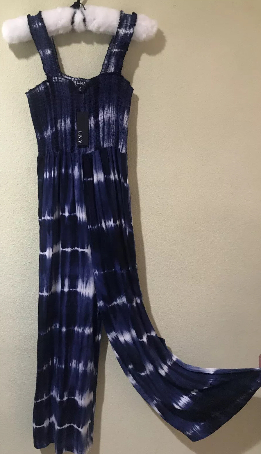 L.N.V Blue White Tie Dye Print Wide Straps Wide Pants Jumpsuit Sz Med NWT D1