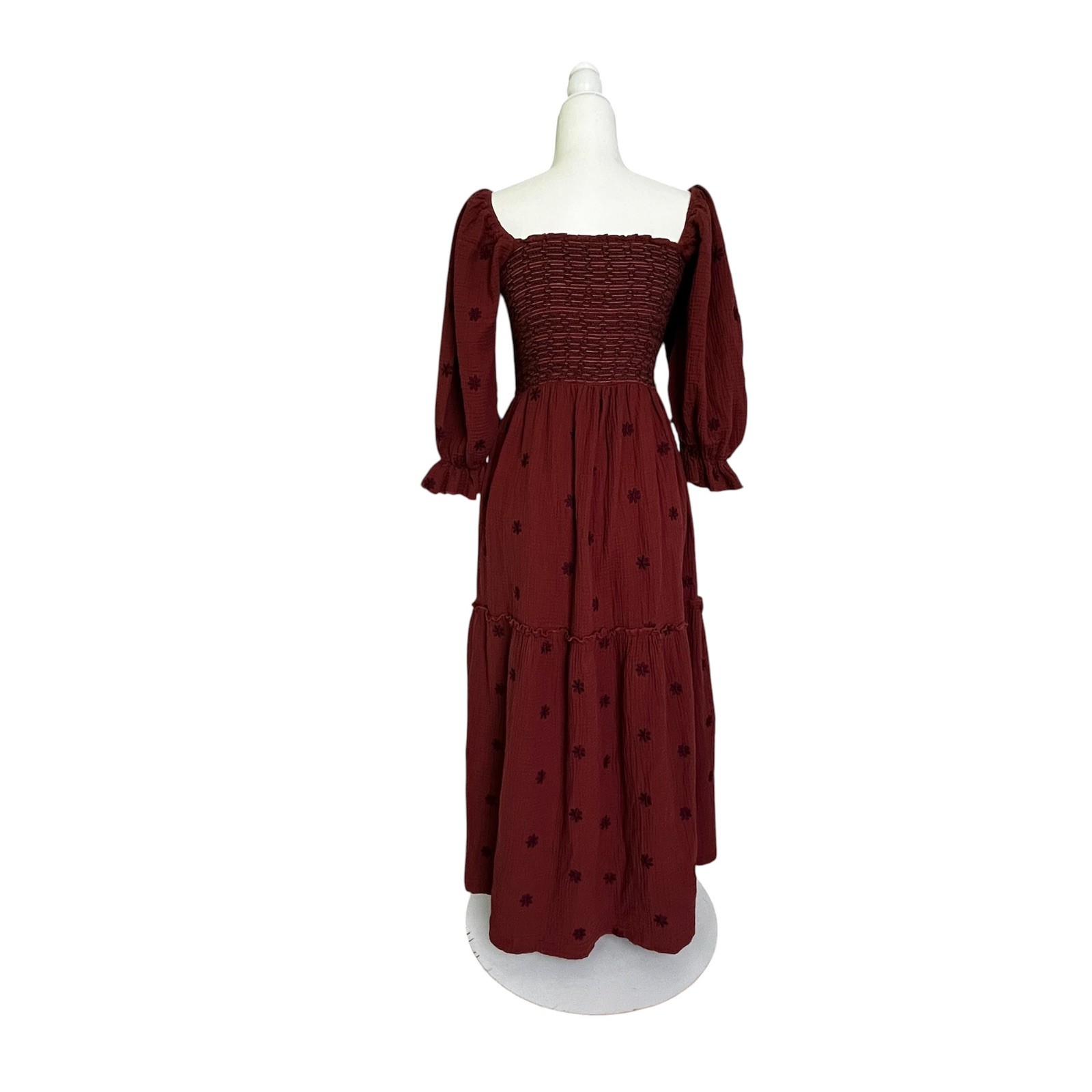Bohemian Women’s Floral Embroidered Smocked Tiered Maxi Dress Brown Sz S
