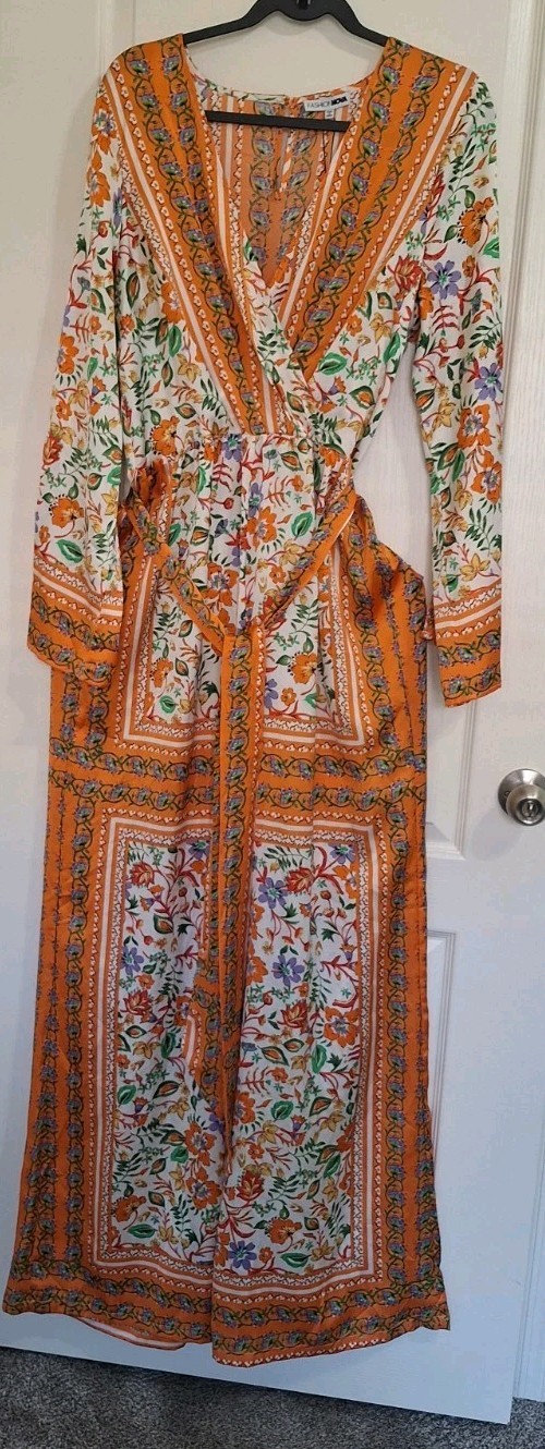 NWT Aruba Sun Jumpsuit Large Long Sleeves Vibrant Fun Orange/Combo Boho Festival