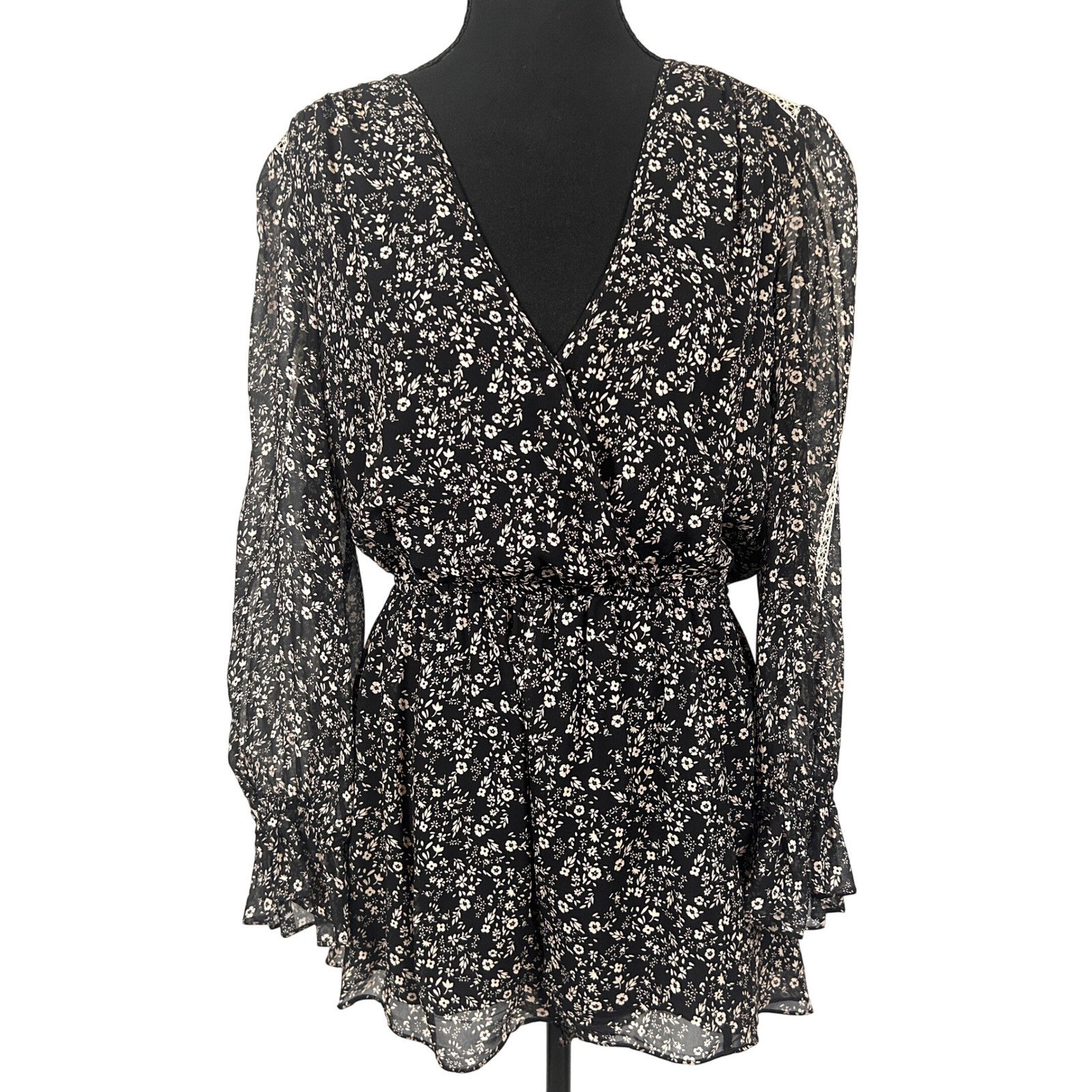 Blue Life Floral Romper Womens S Lace Ruffle Sheer Victorian Romance Boho Black