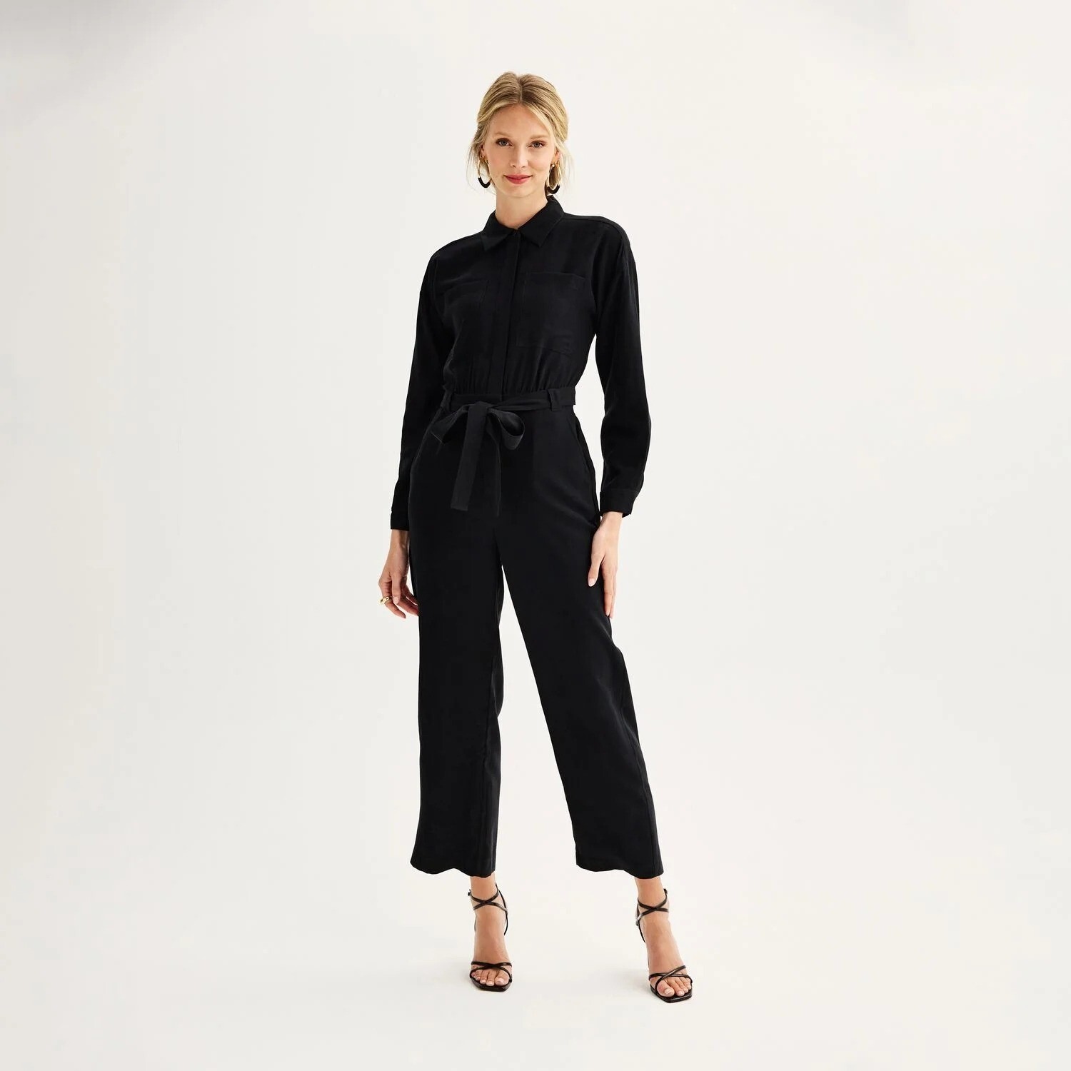 Nine West Black Belted Utility Jumpsuit Long Sleeve Medium Pockets NWT