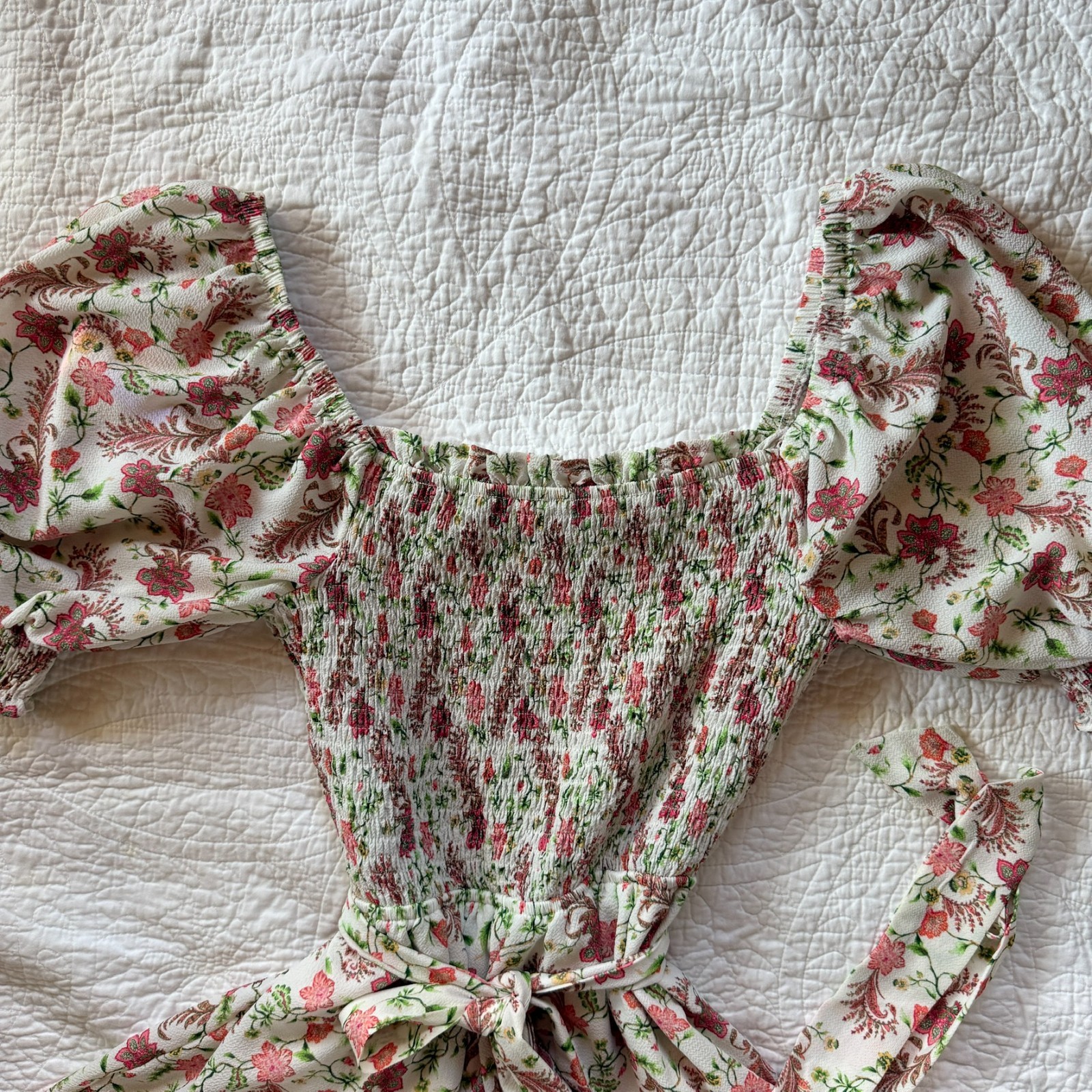 Anthropologie Flying Tomato Floral Smocked Tie Waist Ruffle Shorts Romper Size S