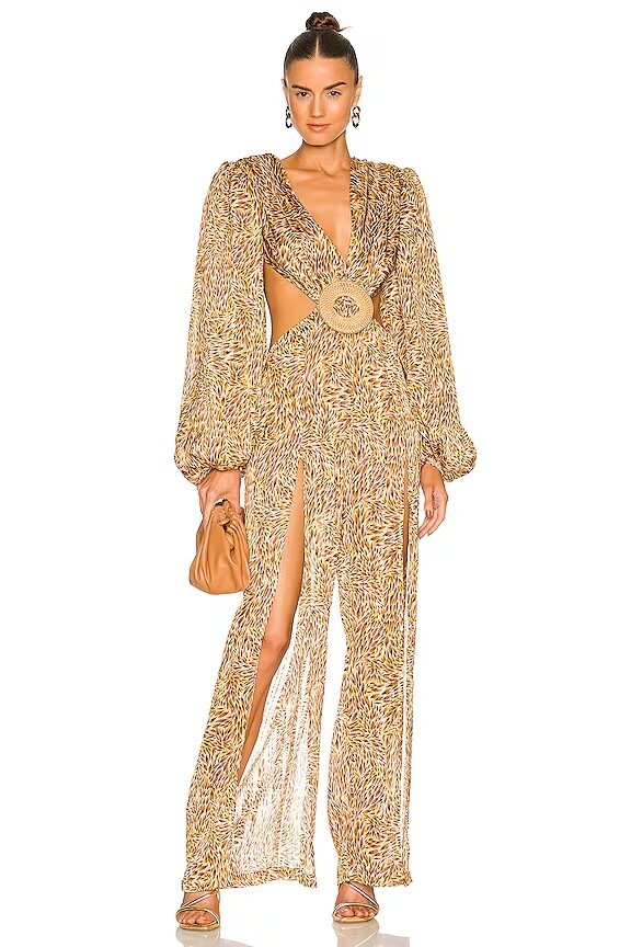$750 BRONX & BANCO tiger cut out jumpsuit in brown / yellow sz M / US 6
