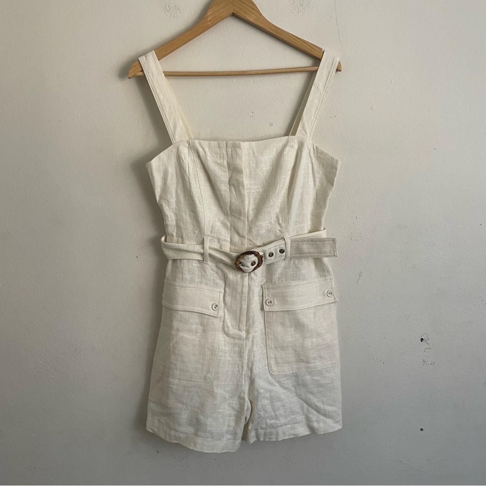 House of Harlow 1960 White Linen Blend Cream Romper Jumpsuit Belted Size 12 Cozy