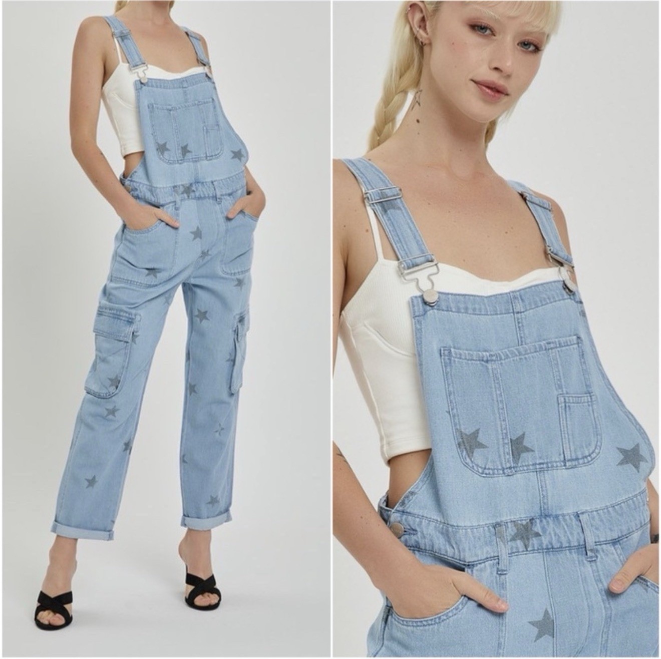Risen Light Wash Denim Star Print Pockets Cargo Denim Jean Overalls Size L Blue