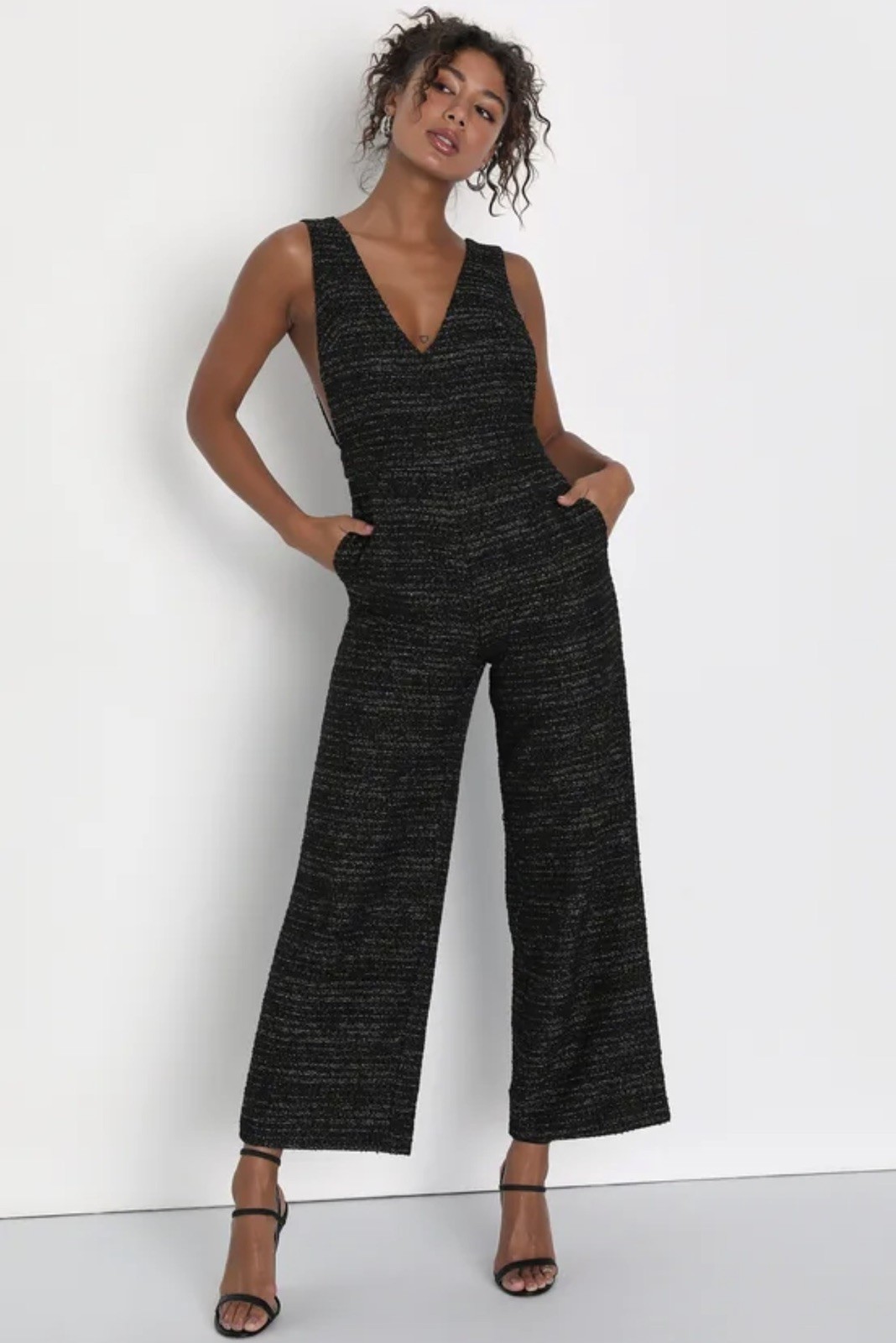 NWT Lulus Officially Exceptional Black Tweed Lurex Wide-Leg Jumpsuit M