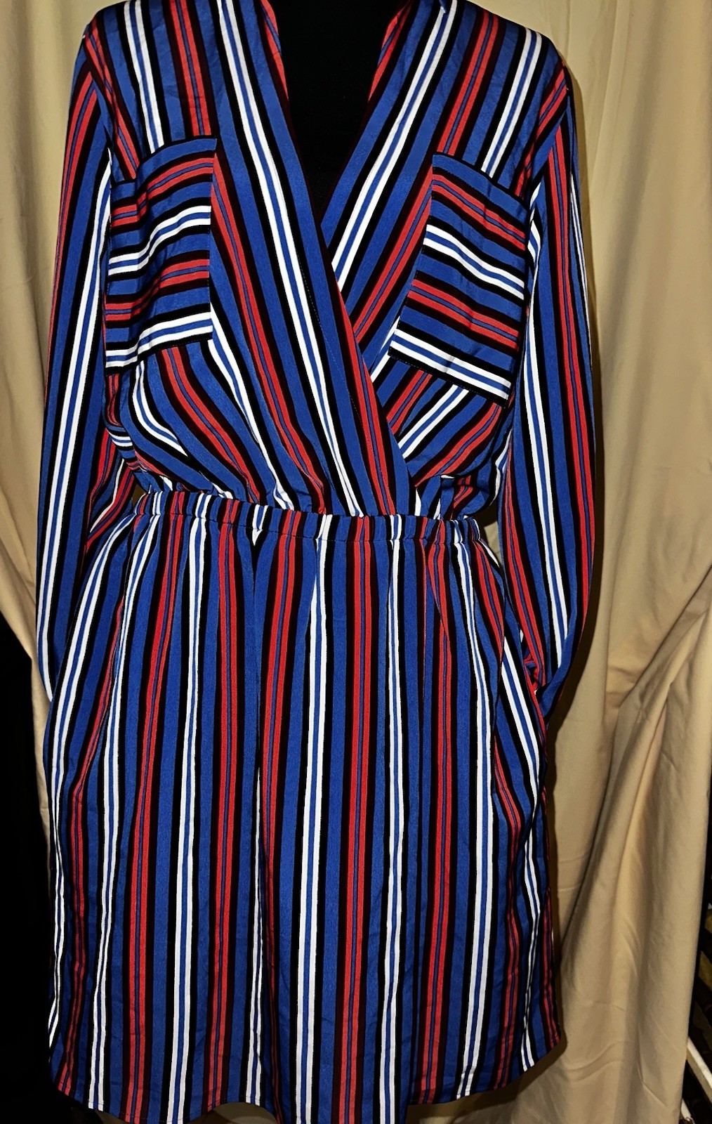 Express Women’s Striped V-Neck Long Sleeve Romper Pockets Elastic Waist M