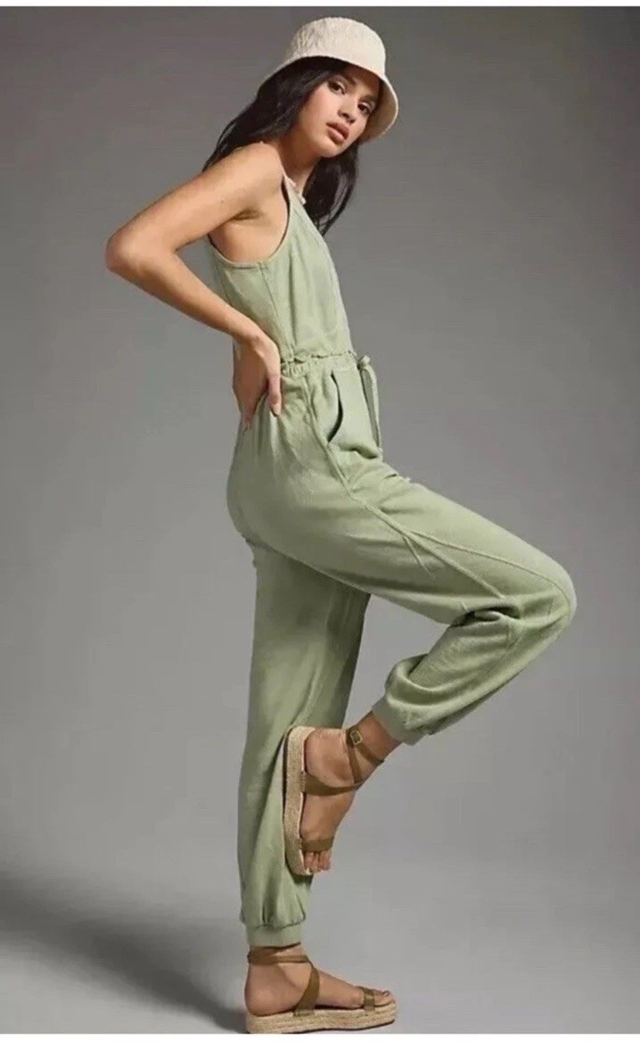 Daily Practice by Anthropologie Oros Jumpsuit Green Mist Cotton L Jumper FLAW