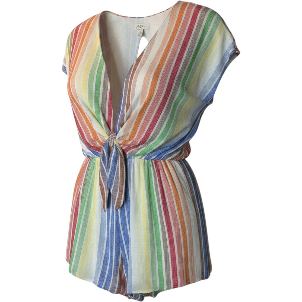 She + Sky Romper Size L Multicolor Rainbow Striped Short Sleeve Open Back V-Neck