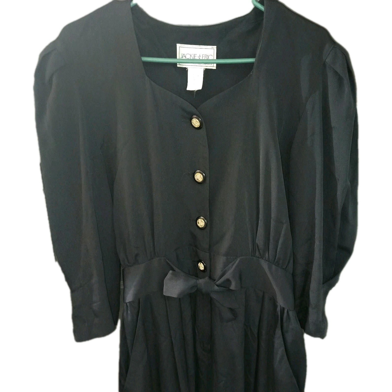 Vtg Jackie & Eric Black Jumpsuit Womens M/L Sweetheart Neck Puff Sleeve Goth 70s