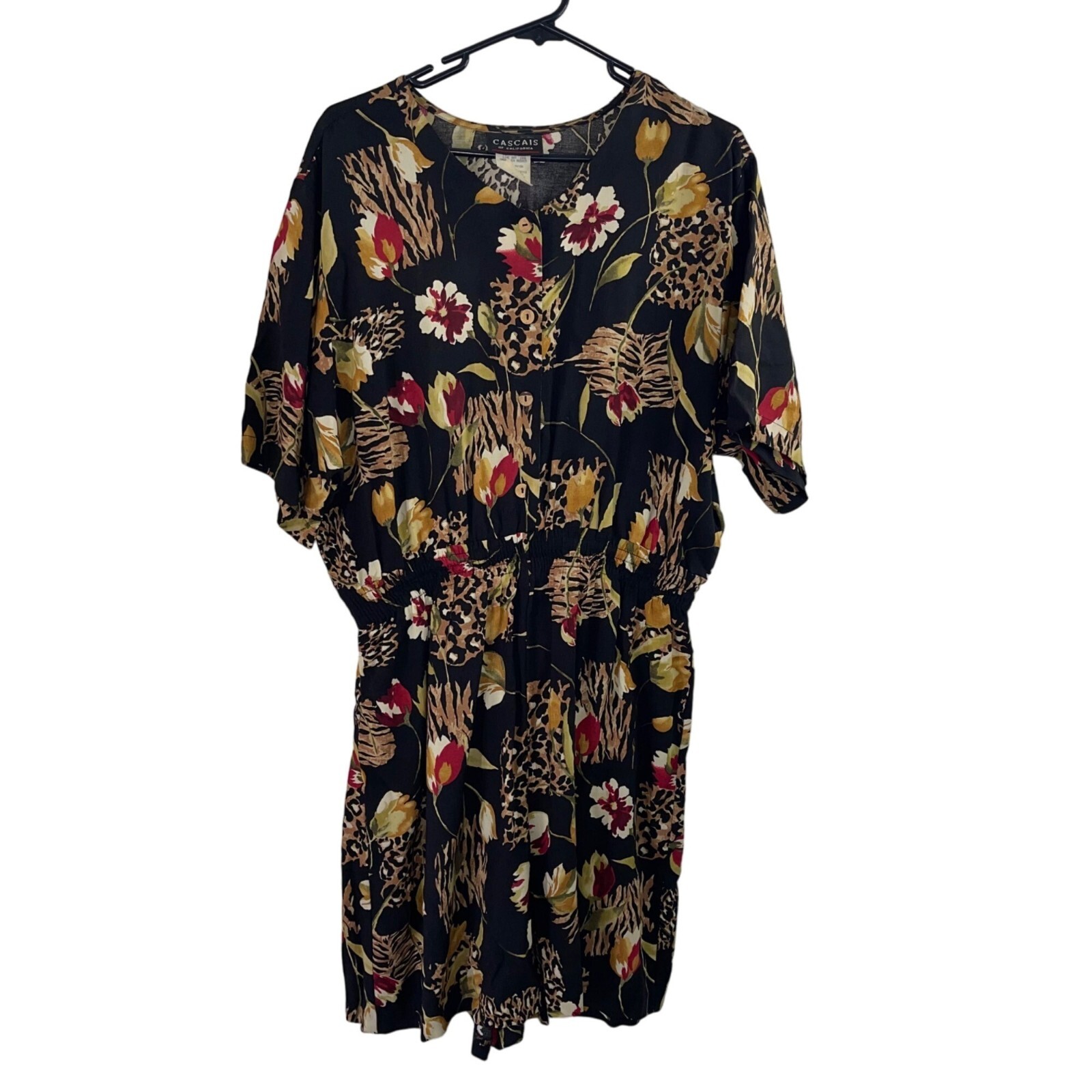 Cascais Of California Romper Vintage Womens Size XL Black Animal Print Floral