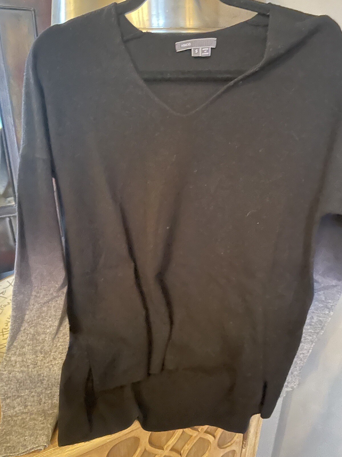Vince – Women’s V Neck Cashmere Blend Pullover Sweater Gray Black- S -RN#106730