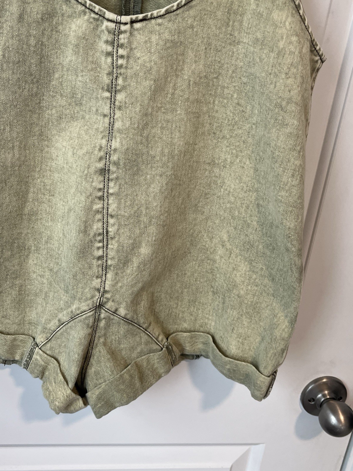 Shein Overall Shorts Romper Women’s Size S Green Acid Wash Denim Adjustable