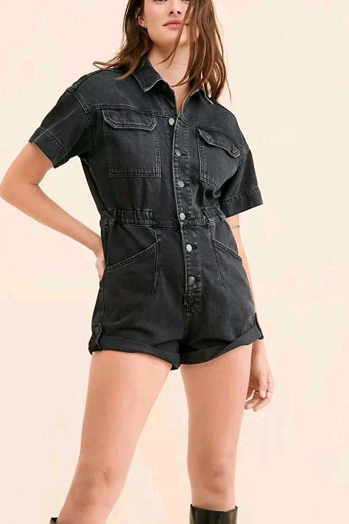 Free People We The Free Marci Cuffed Shortall S Black Cotton Denim Button Front