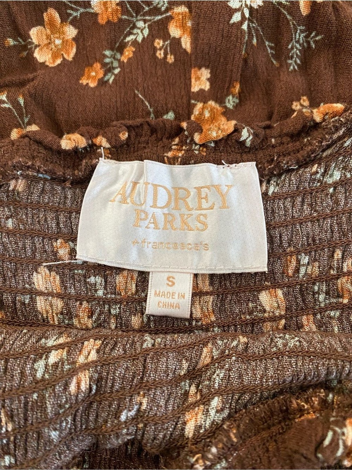Audrey Parks Francesca’s Brown Floral Smocked Jumpsuit S Spaghetti Straps Earthy