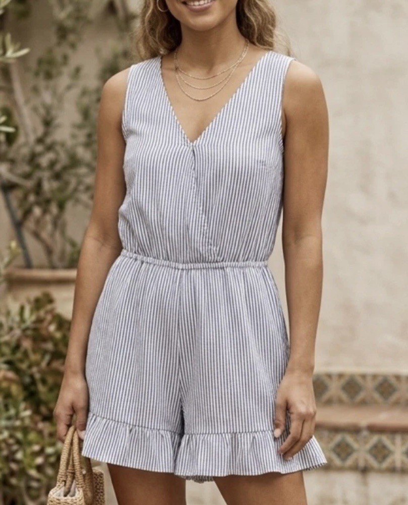TRUE CRAFT Navy White Stripe Beach Coastal Romper Size XS