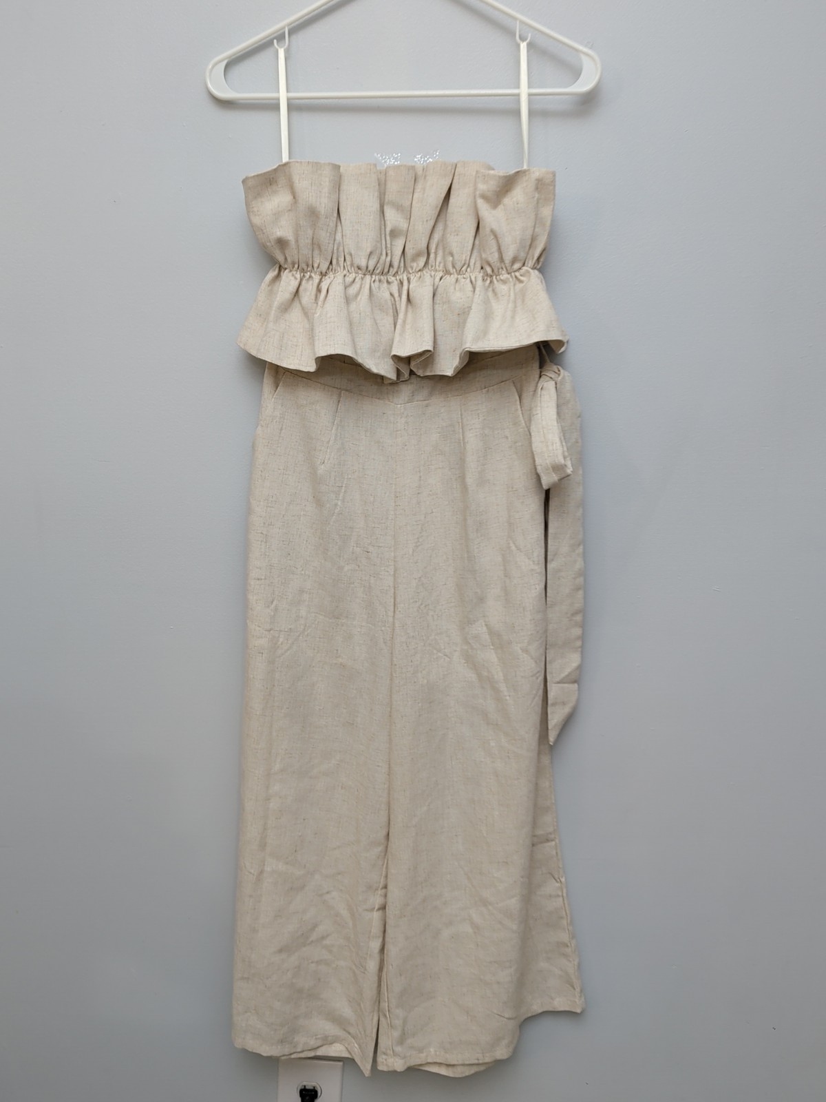 DR2 Aura Women’s Sz S 100% Linen Ruffled Tube Top Tie Back Wide Leg Jumpsuit