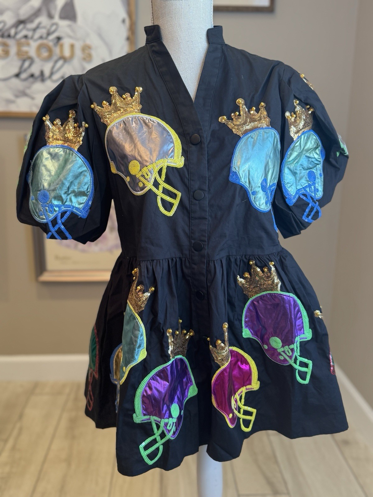 New!QUEEN OF SPARKLES Black Metallic & Sequin Football Helmet Poof Sleeve Romper