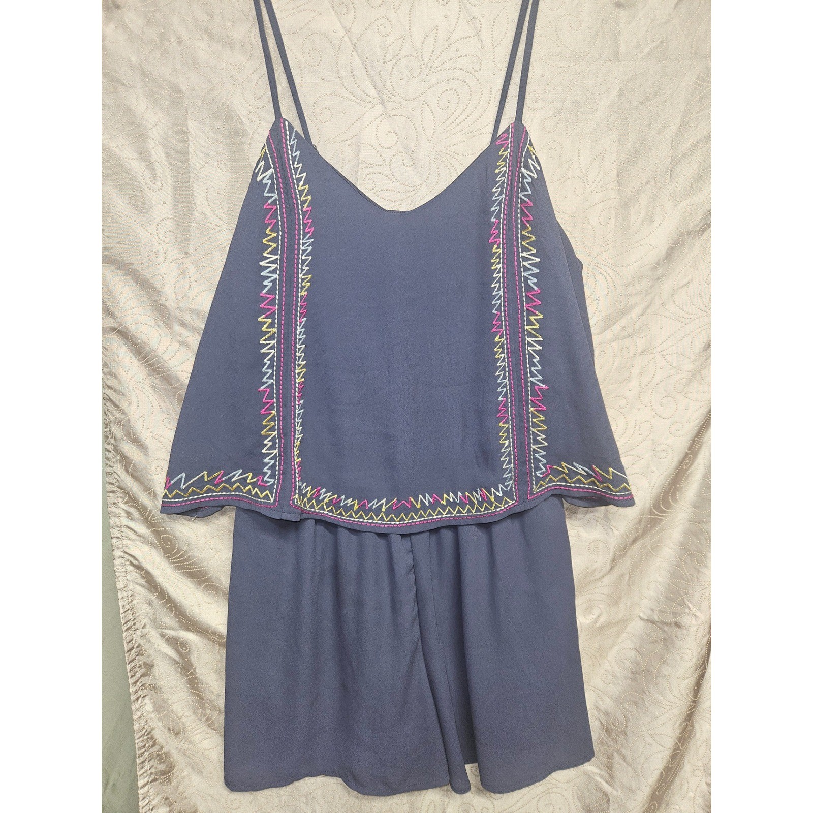 Xhilaration Navy Blue Embroidered Boho Romper Sleeveless V-Neck Small VN2242811