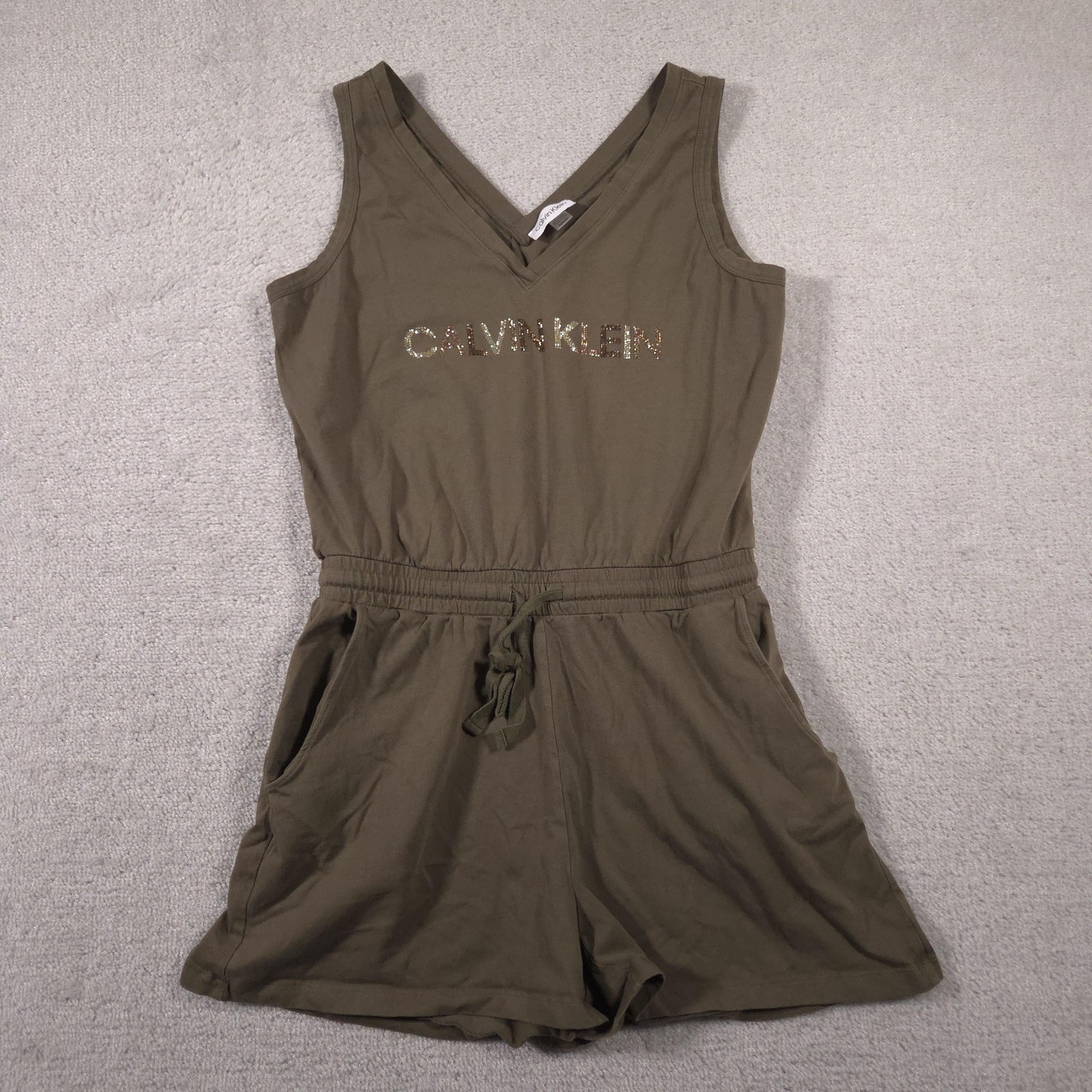 Calvin Klein Romper Womens Medium Olive Green V-Neck Rhinestone Logo Pockets