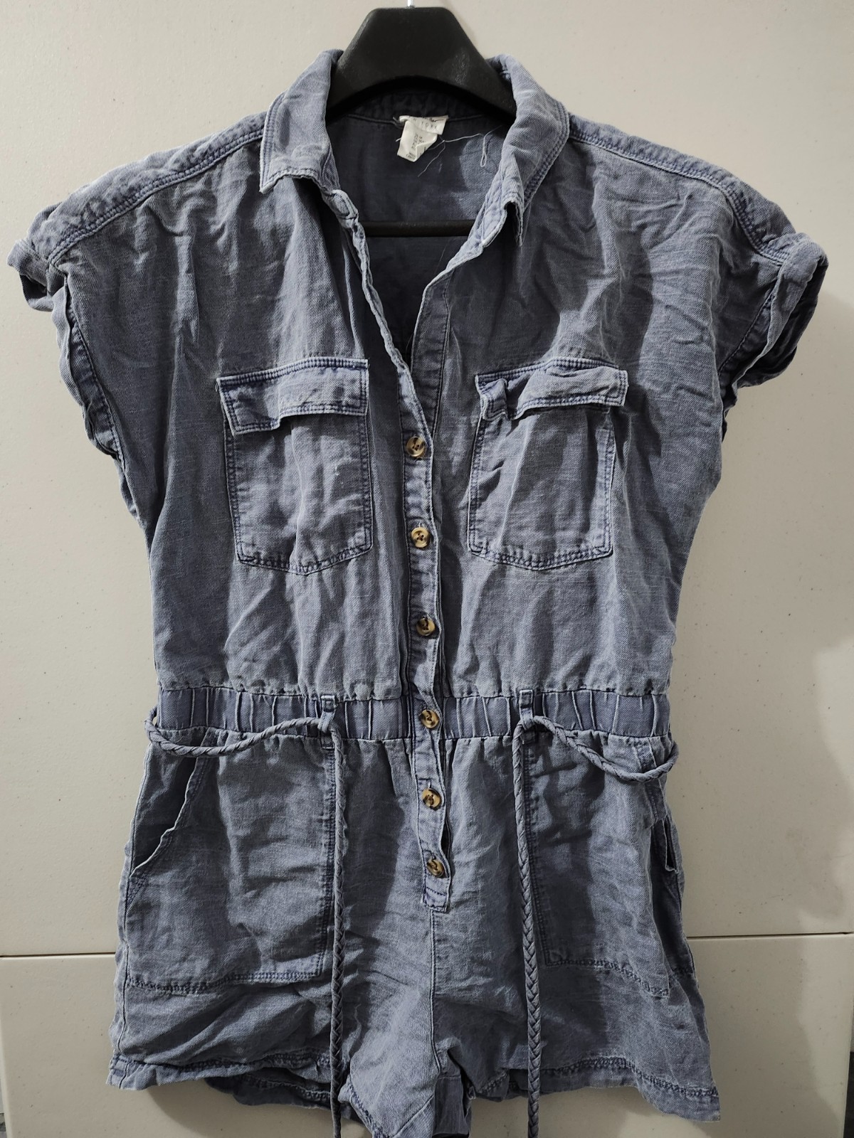 Nicole Miller Romper Womens M Blu Sleeveless Cap Button Up Linen Blend Waist Tie
