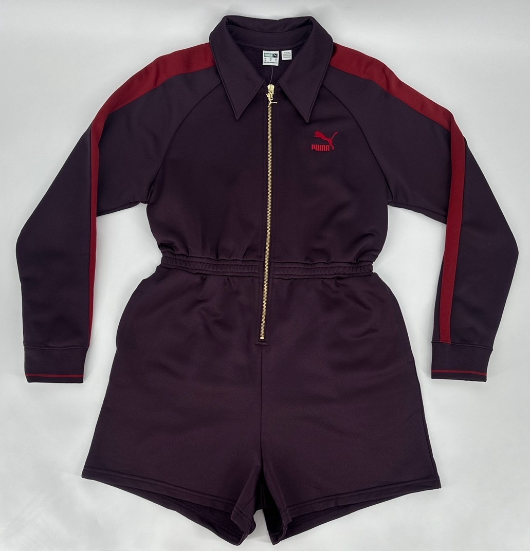 Puma T7 Romper Suit Womens Medium Purple Play Paris Collar Long Sleeve 626811 44