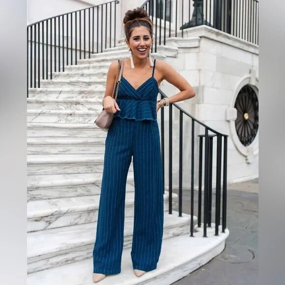 Anthropologie ett:wa Jumpsuit Womens Size Medium Blue Denim Stripe Peplum Ruffle