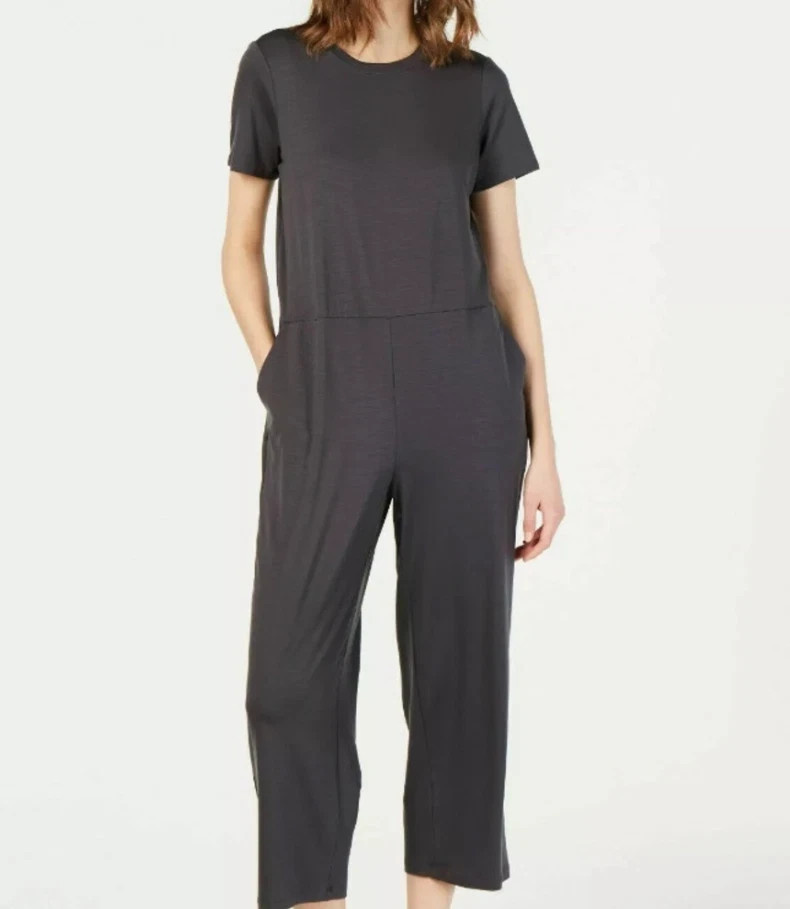 Eileen Fisher Tencel Stretch Jersey Short Sleeve Jumpsuit Size XS Black Minimal