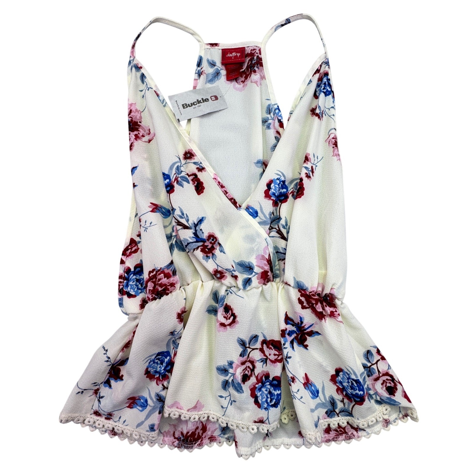 Daytrip Shirt Women’s Small NWT Floral Halter White Blue Pink Lace Trim Buckle