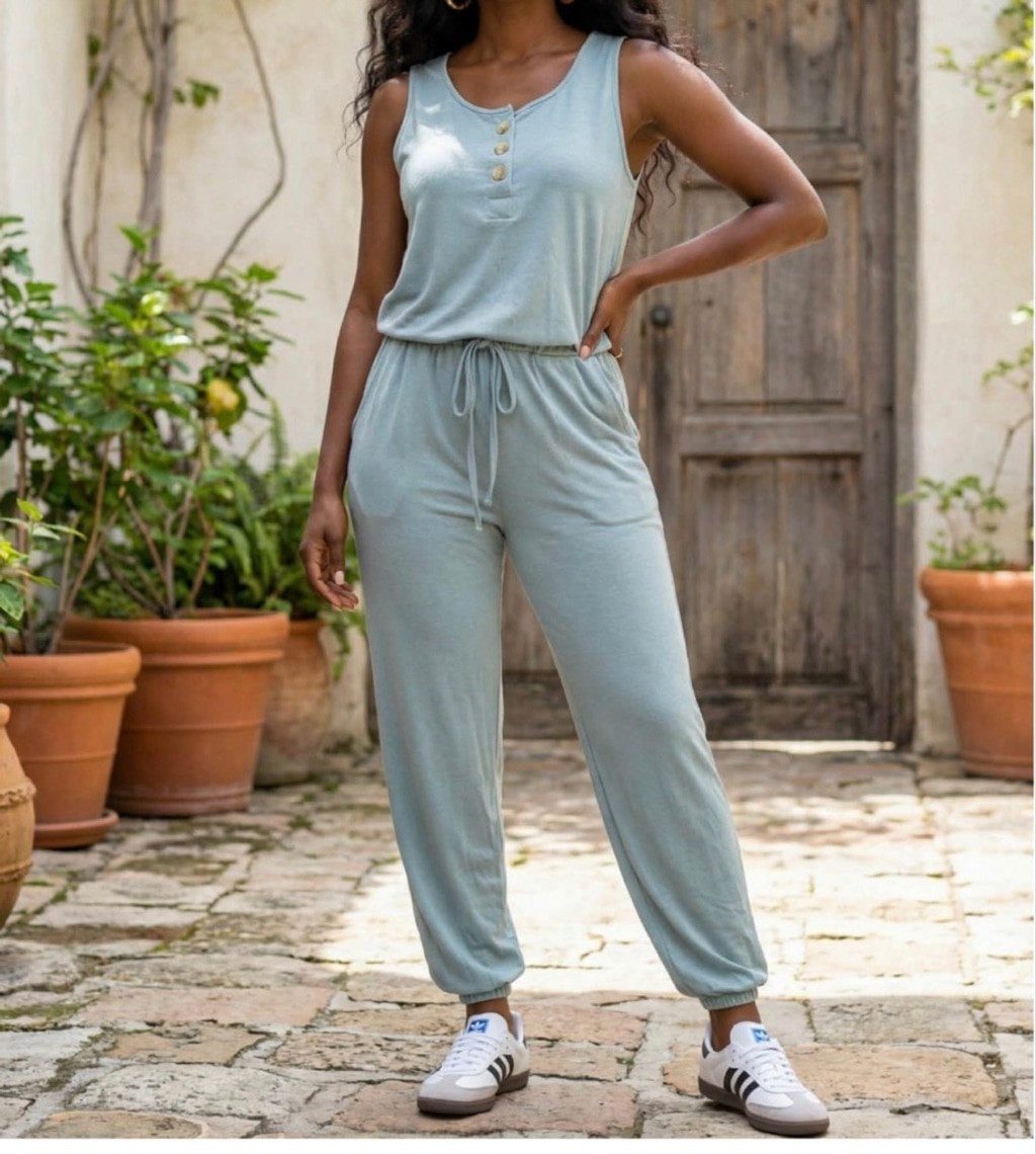 Zenana sage green sleeveless jogger jumpsuit with a drawstring waist and button.