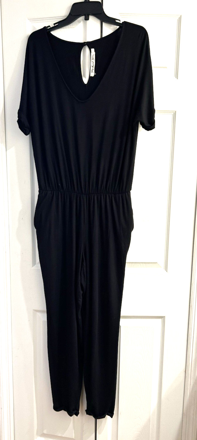 Michael Stars Black Jersey Jumpsuit Romper~Short Cuffed Sleeve & Hem~V Neck~L