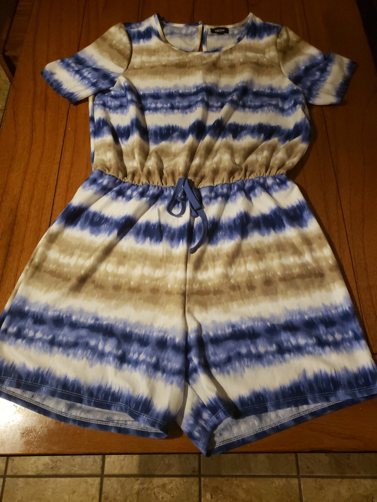 Tacera Short Sleeve One-Piece Romper Blue and Tan Size XL New With Tags