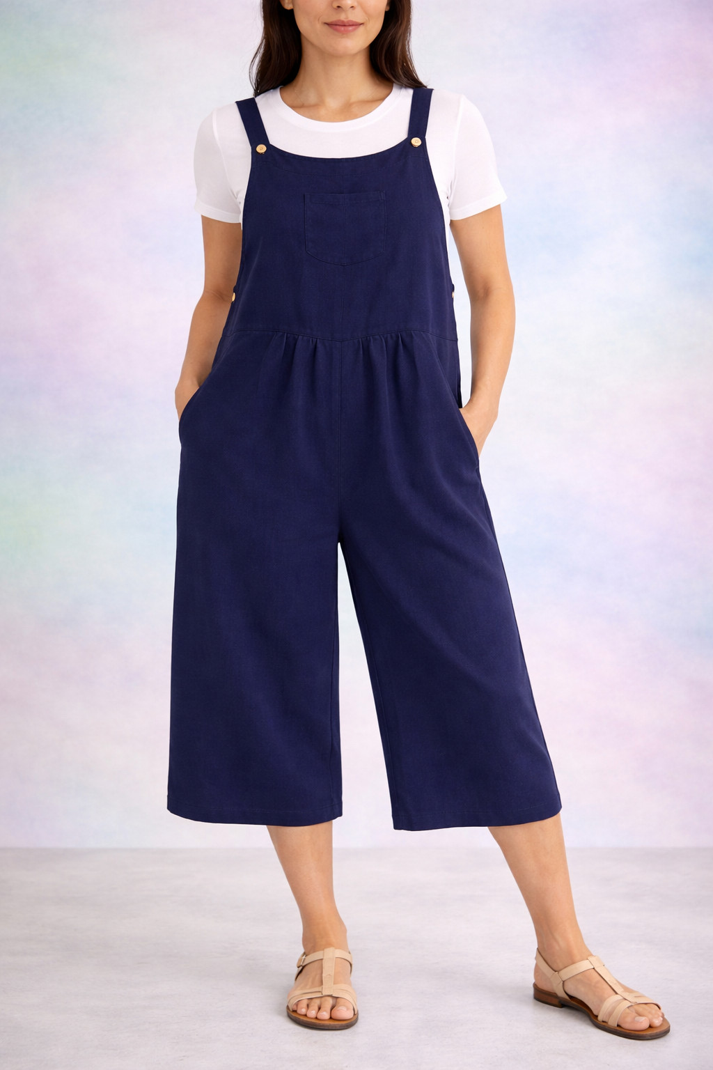 Romper Jumpsuit Sz Medium Women’s Wide Leg Gathered Adjustable Straps Pockets