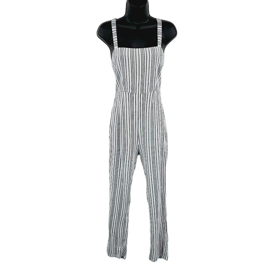 Amuse Society Lookout Jumpsuit S White Grey Stripe Open Tie Back Strappy Cropped