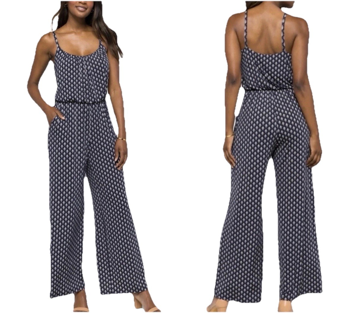 Kaileigh Adalia Sz S Navy Blue White Knit Jumpsuit Wide Leg Spaghetti Scoop EUC