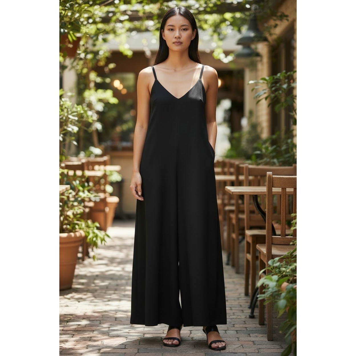 Club Monaco Jumpsuit Womens 8 Black Linen Blend V-Neck Sleeveless Pockets Chic