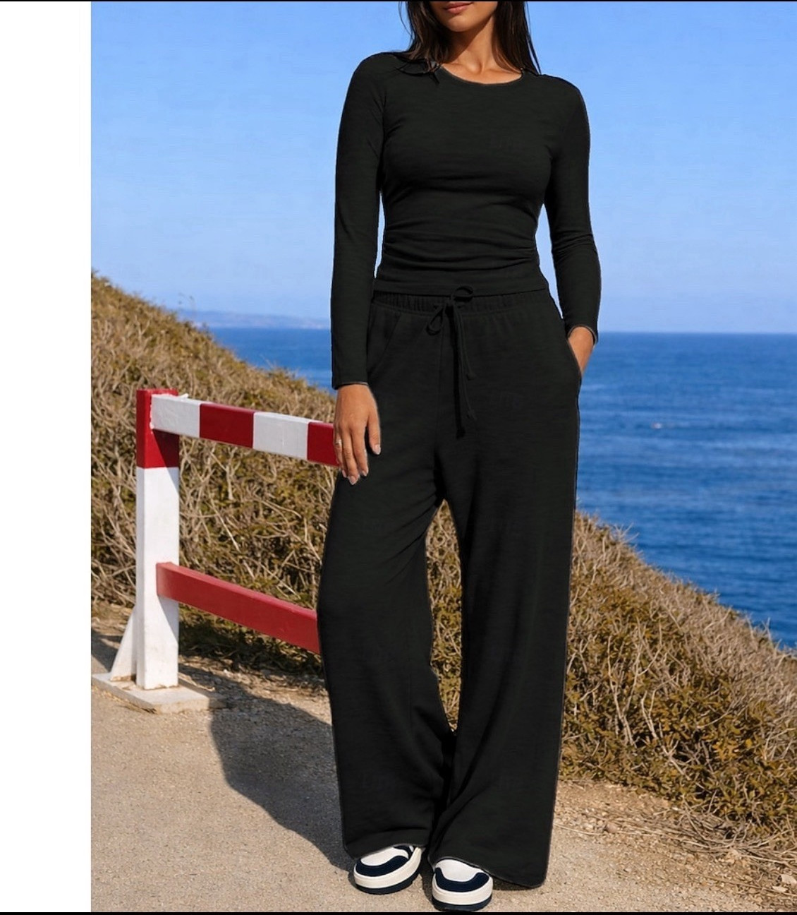 Women’s Black Long Sleeve Wide-Leg Drawstring Jumpsuit w/ Pockets Size M