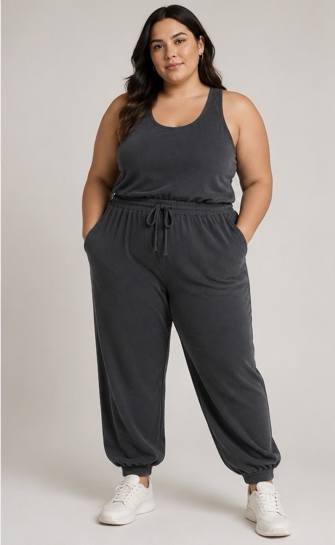 Maurices 24/7 Plus Size Gray Sleeveless Knit Jumpsuit 14W Drawstring Stretch