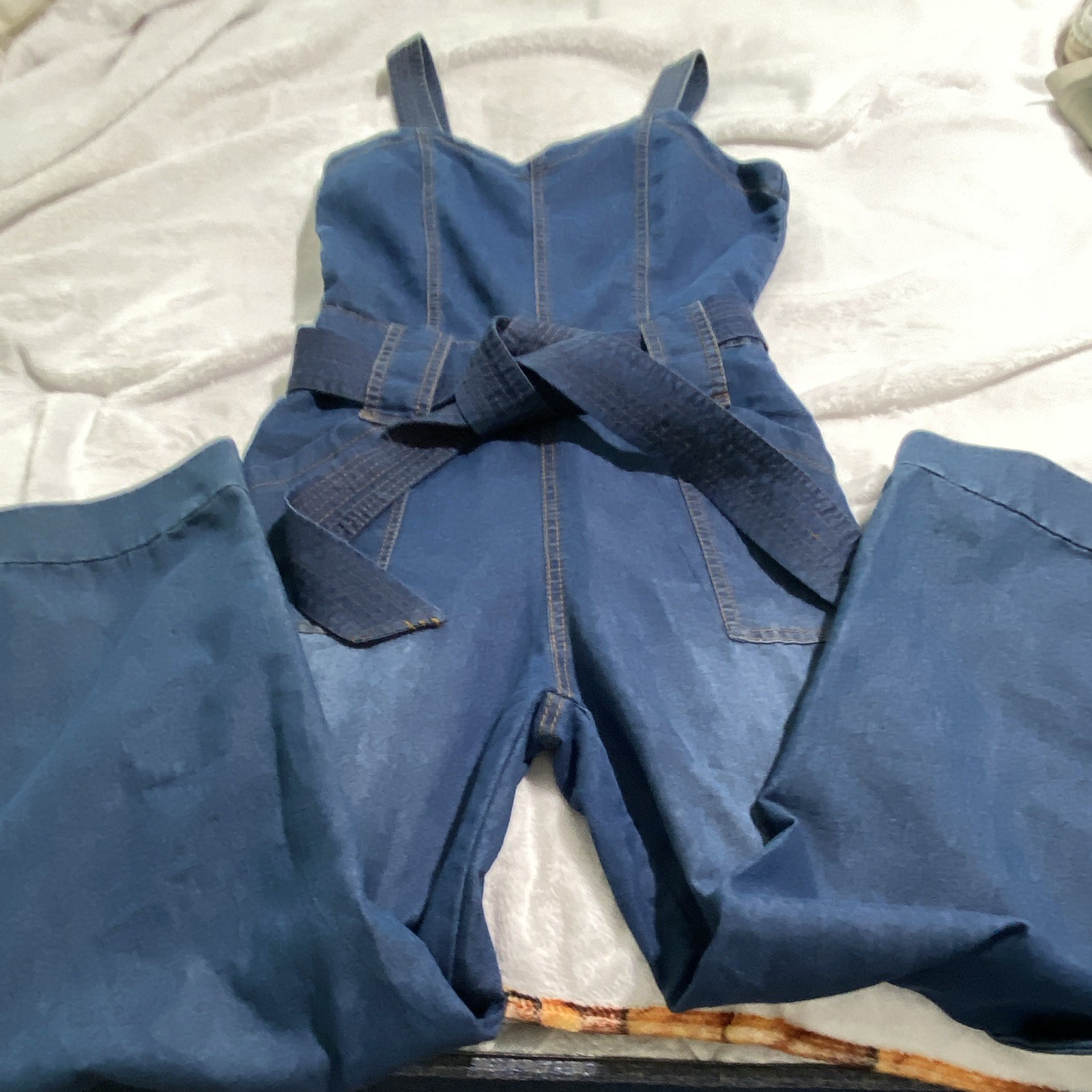 Blue Denim Sleeveless Jumpsuit Square Neck Zip Belted Pockets Straight Leg S