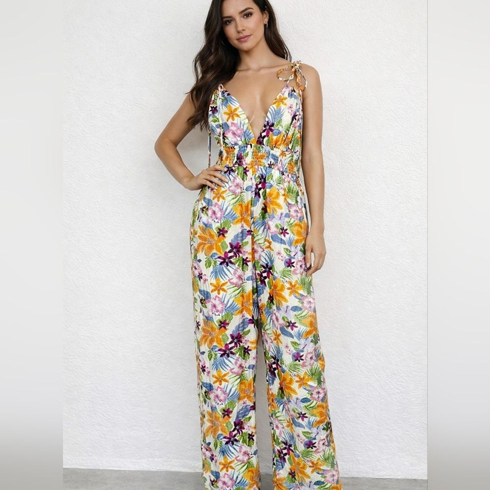 Lulus Paradise Perfect Floral Tie-Strap Wide-Leg Jumpsuit Sz L Resortwear Vacay