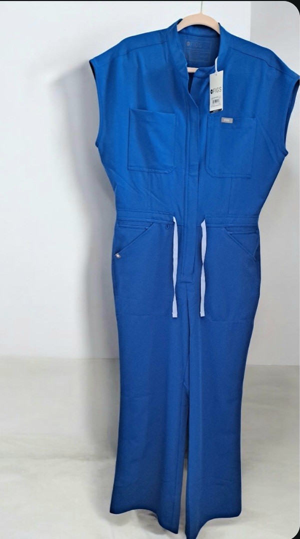 FIGS Blue Polyester Solid Collared Sleeveless Zip Jumpsuit Pockets M