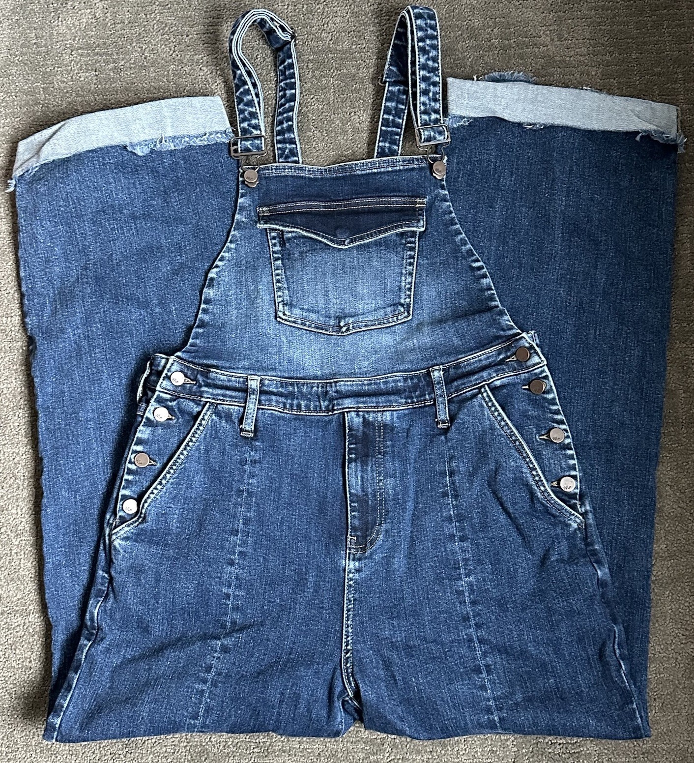 Wash Lab Wide Leg Blue Denim Bib Overalls L Frayed Hem, Baggy Oversized