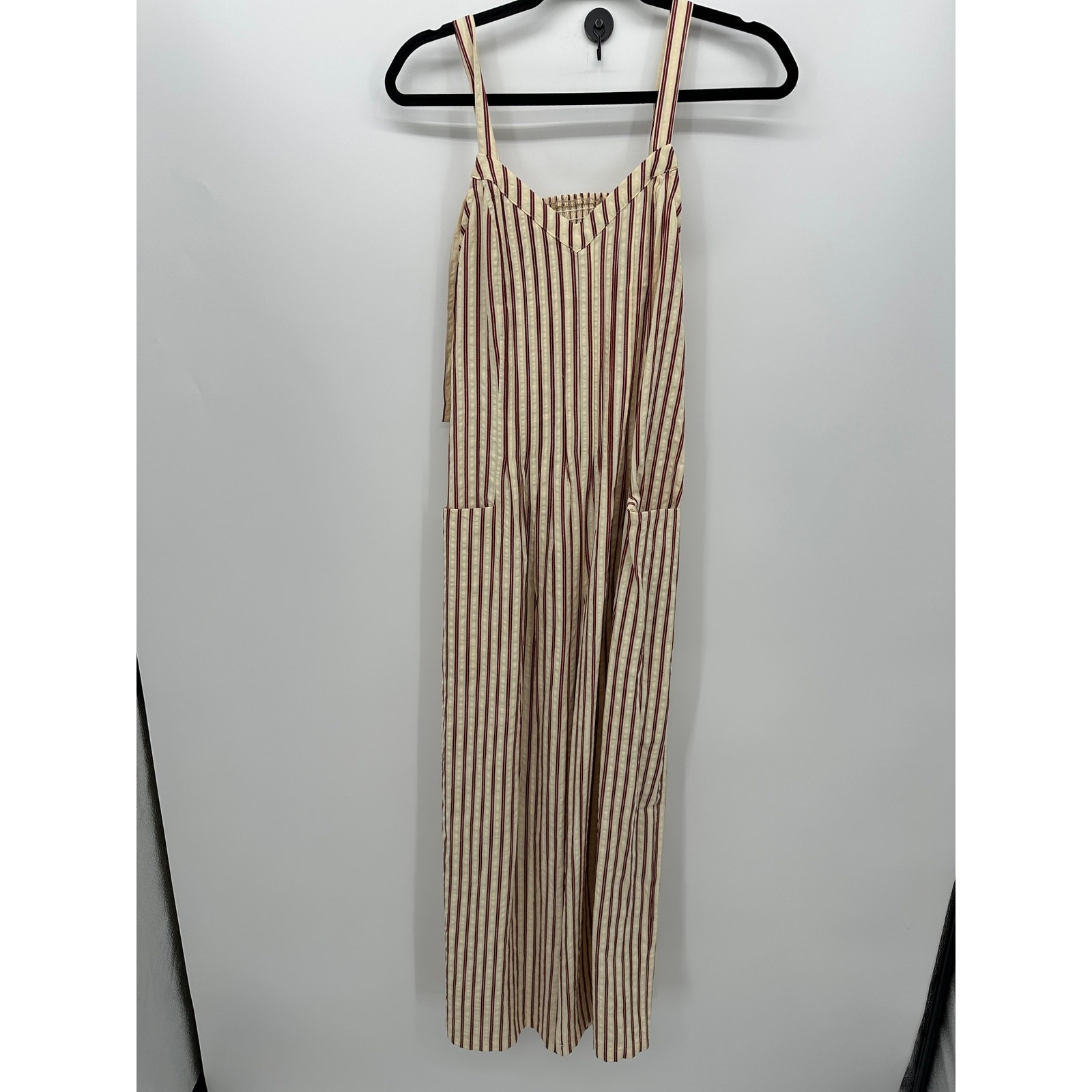 Cream Red Striped Romper Jumpsuit Size M Pockets Oversized Boho Open Back