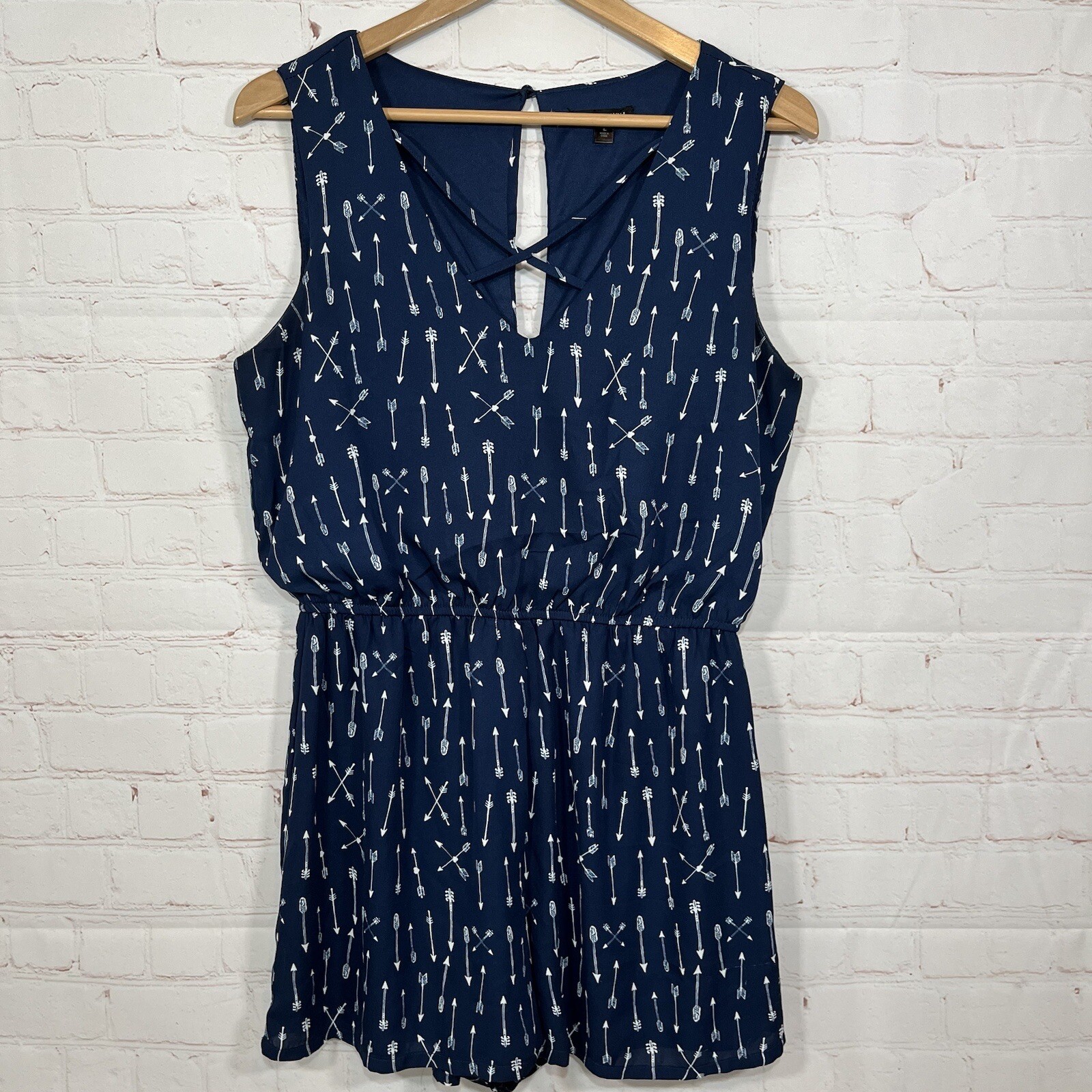 As U Wish Romper Womens Size Large Blue Tank Top Arrows Hearts V Neck Lined