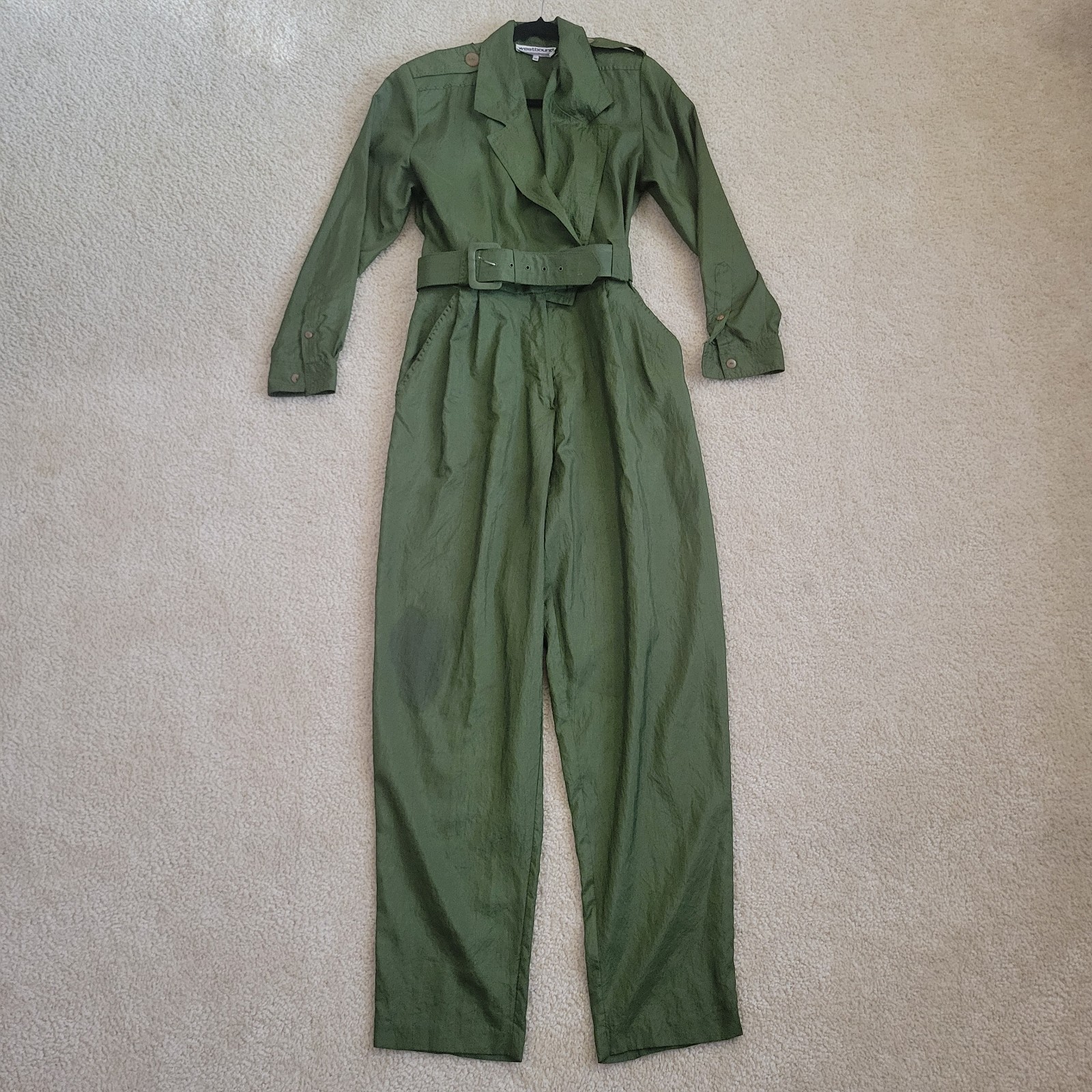Westbound Belted Parachute Jumpsuit Size 12Army green Silky Tapered 80s Retro