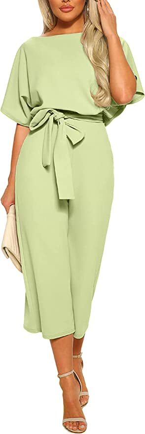Women’s Short Sleeve Bow Tie Wide Leg Cropped Capri Romper Palazzo Jumpsuits CHT