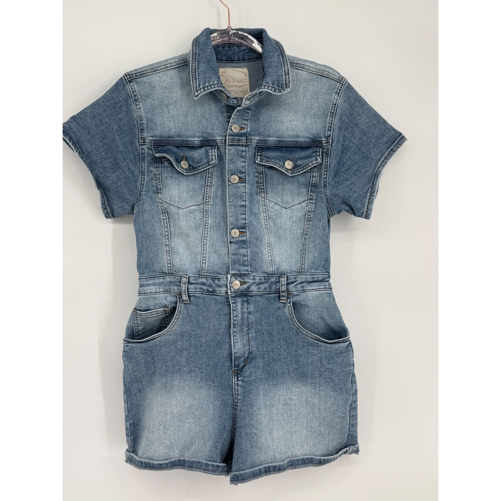 Altar’d State Womens Blue Denim Romper Button Front Short Sleeve Med Wash Sz S