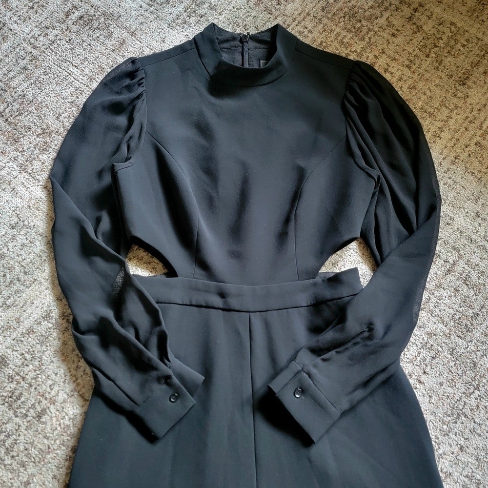 BCBGMAXazria Mixed-Media Cutout Mock Neck Sheer Sleeve Wide Leg Jumpsuit Tall XS
